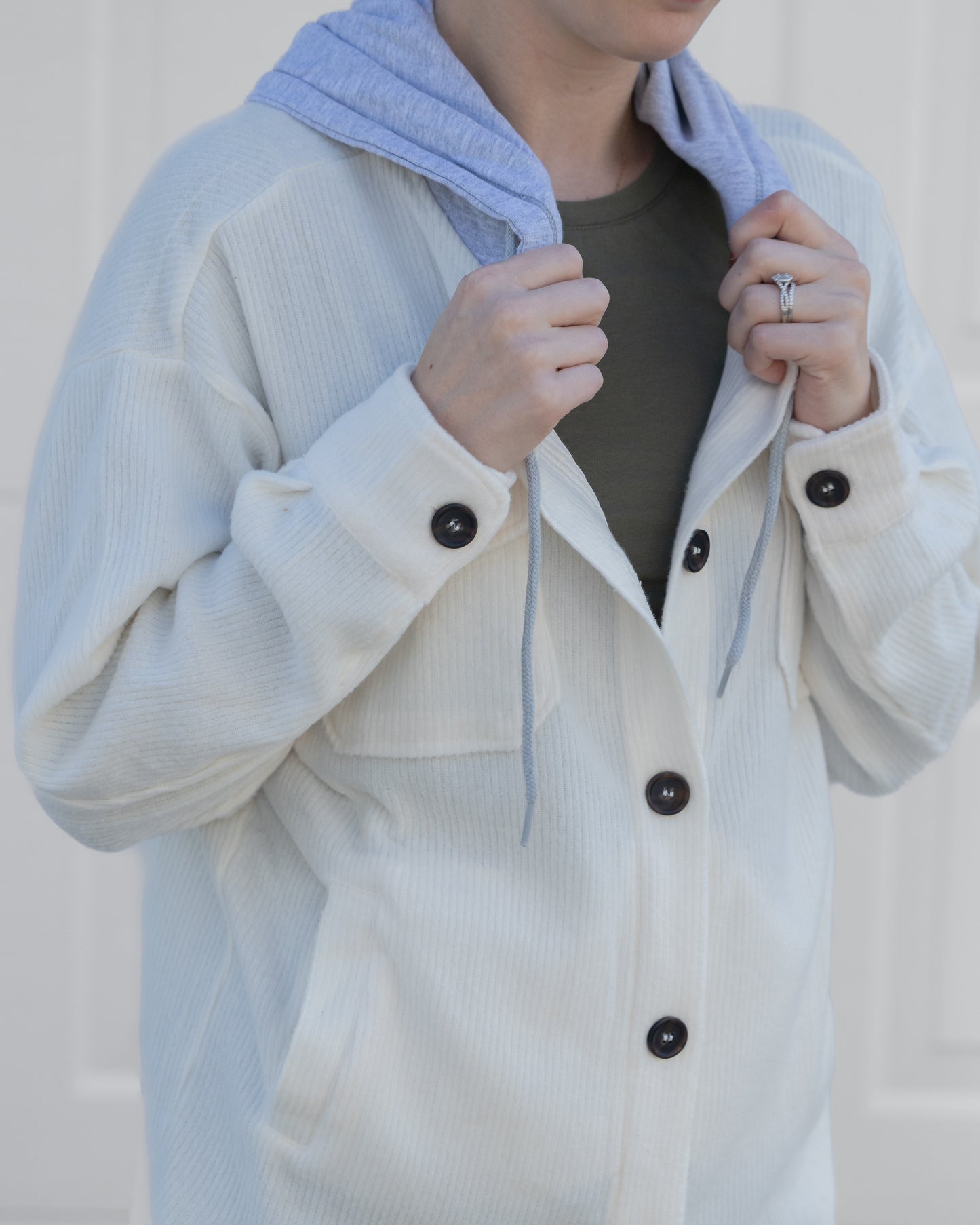 Ribbed Hooded Button Down Shacket